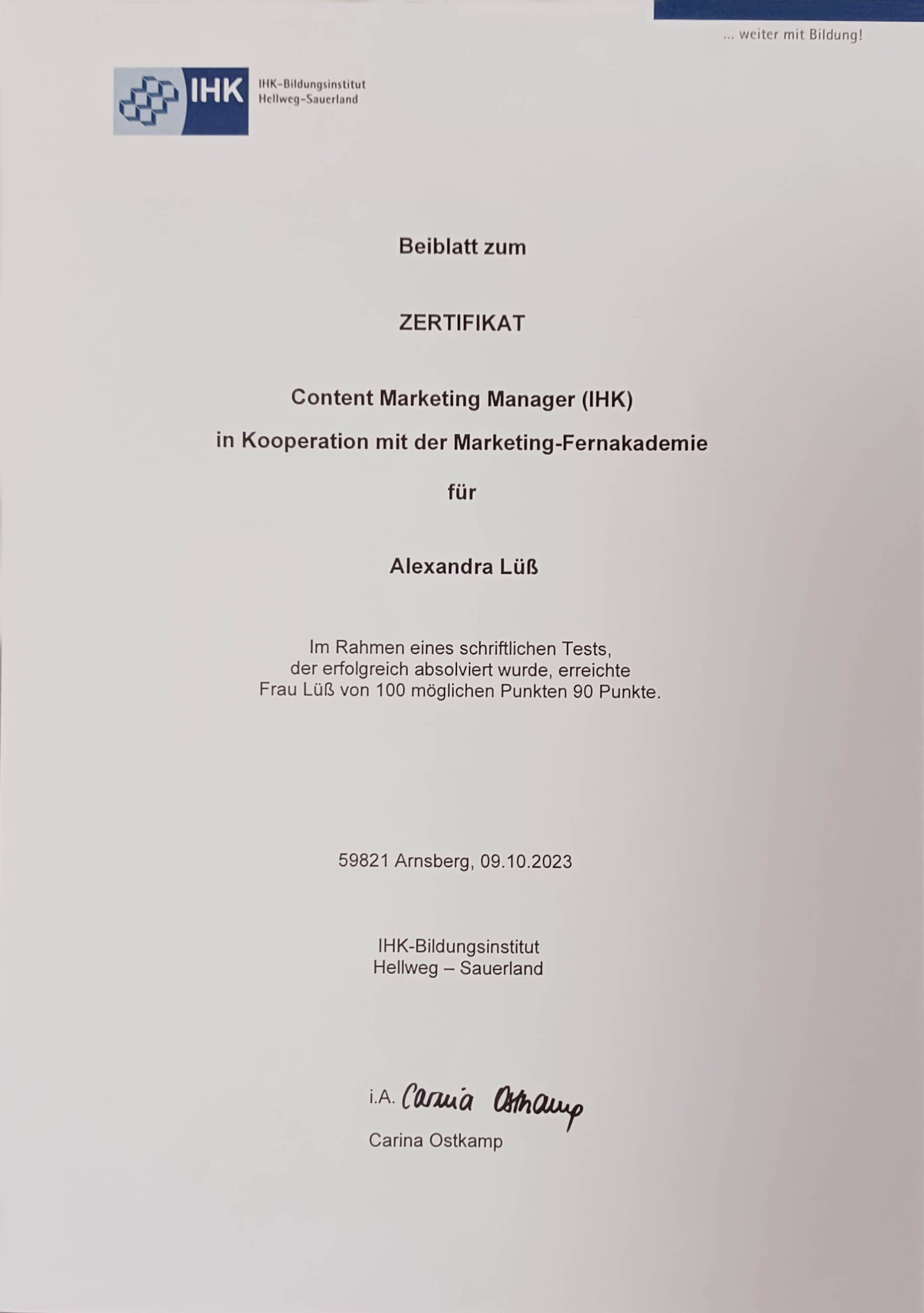 Zertifikat Content Manager IHK Beiblatt Alexandra Lüß